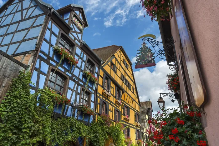 Framed Print : Decorated half-timbered houses in the historic old town of Riquewihr Framed Print : Decorated half-timbered houses in the historic old town of Riquewihr