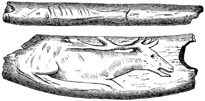 Framed Print : Decorated reindeer bones, carving of fish and deer, handicraft, art, archaeology, history of prehistoric mankind, historical illustration 1880