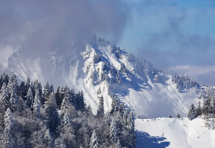 Framed Print : Deeply snow-covered winter landscape with a view of the Faistenau Schafberg