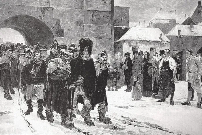 Framed Print : The defeated troops of Napoleon's army return home