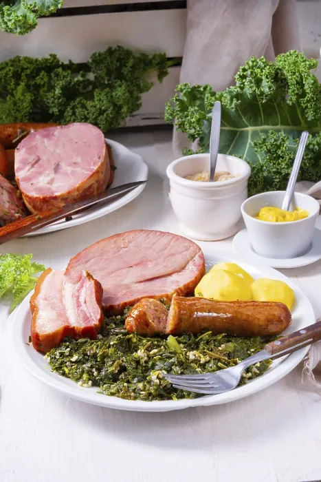 Framed Print : A delicious real Oldenburg kale with peeled sausage