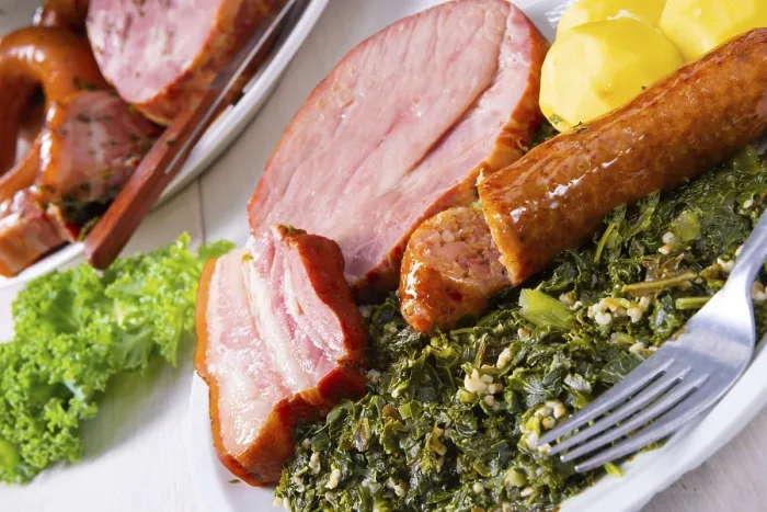 Framed Print : A delicious real Oldenburg kale with peeled sausage