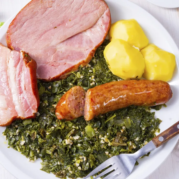 Framed Print : A delicious real Oldenburg kale with peeled sausage