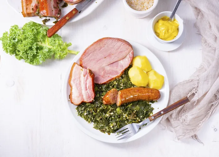 Framed Print : A delicious real Oldenburg kale with peeled sausage