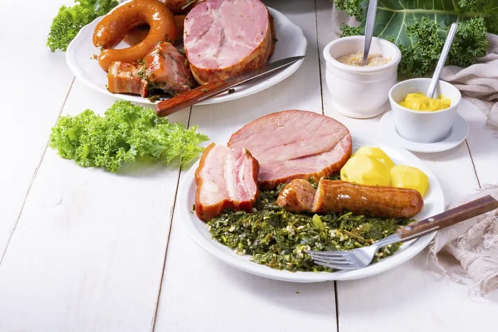 Framed Print : A delicious real Oldenburg kale with peeled sausage