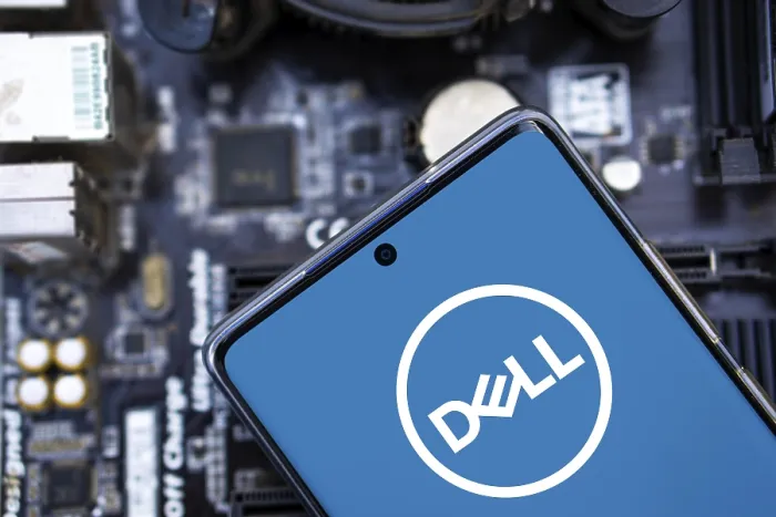 Framed Print : Dell company logo displayed on mobile phone