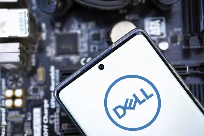Framed Print : Dell company logo displayed on mobile phone