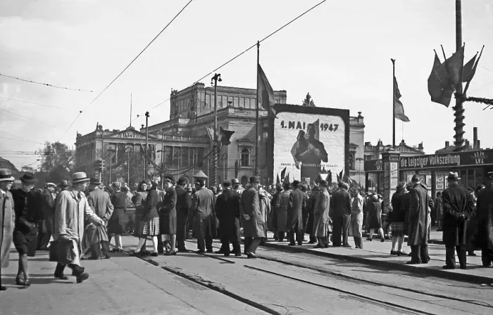 Framed Print : Demonstration for May 1, 1947, Karl-Marx-Platz today Agustusplatz