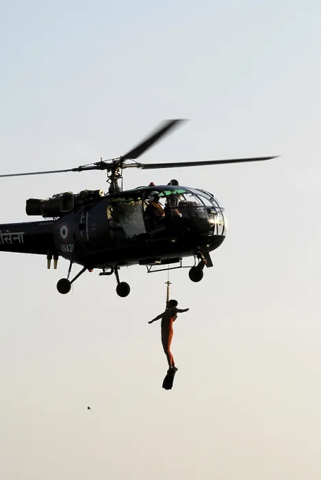 Framed Print : Demonstration of rescue operations by Indian Navy using Chetak helicopter at Gateway of India in Bombay Mumbai