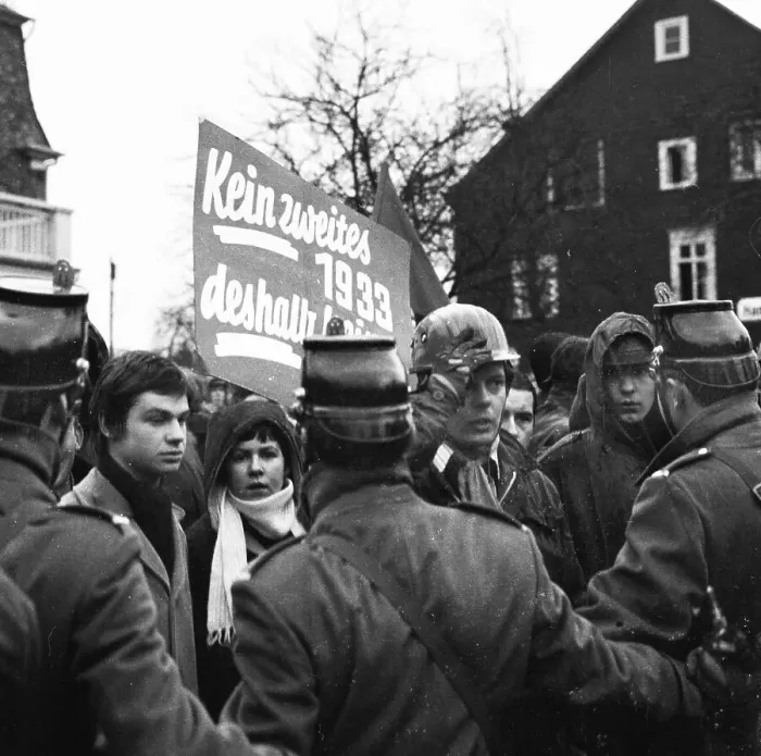 Framed Print : Several hundred demonstrators, among them many young people