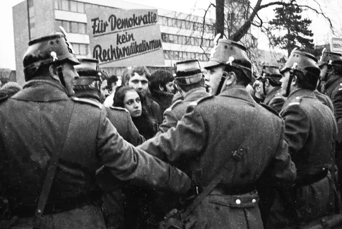 Framed Print : Several hundred demonstrators, among them many young people Framed Print : Several hundred demonstrators, among them many young people