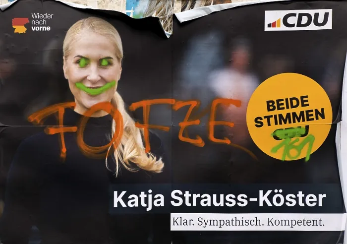 Framed Print : Denigration of a large poster for the 2025 Bundestag election by the CDU with Katja Strauss-Koster Framed Print : Denigration of a large poster for the 2025 Bundestag election by the CDU with Katja Strauss-Koster