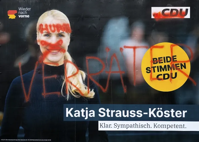 Framed Print : Denigration of a large poster for the 2025 Bundestag election by the CDU with Katja Strauss-Koster