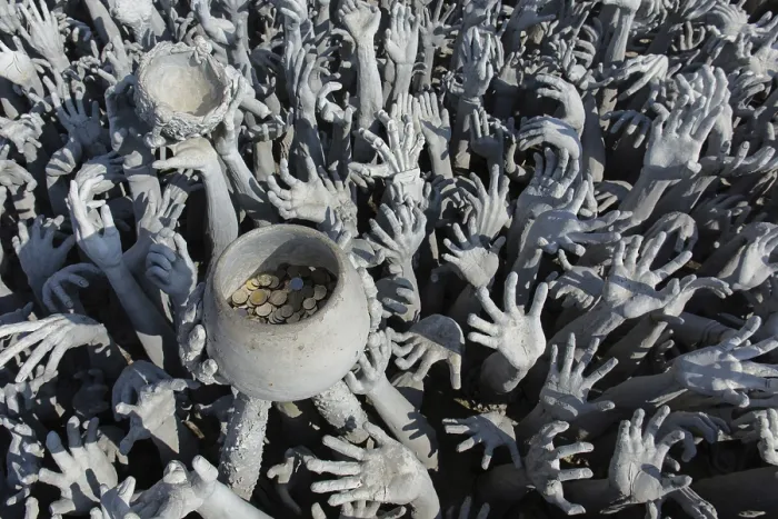 Framed Print : Depiction of hell, hands pleading for help and a begging bowl