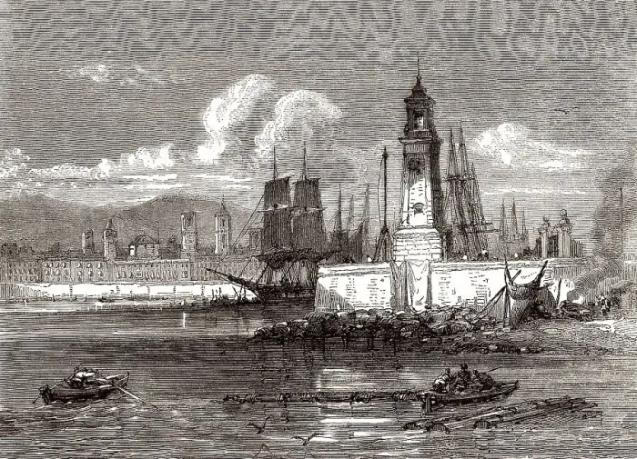 Framed Print : Der alte Leuchtturm, Hafen von Barcelona