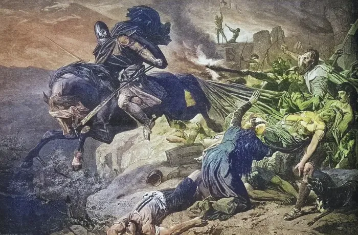 Framed Print : Der letzte Ritter von Hohen-Realta stuerzt sich in den Abgrund der Via Mala Framed Print : Der letzte Ritter von Hohen-Realta stuerzt sich in den Abgrund der Via Mala