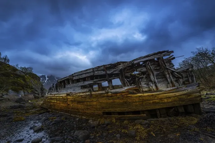 Framed Print : Derelict shipwreck on shore, near Svolvaer