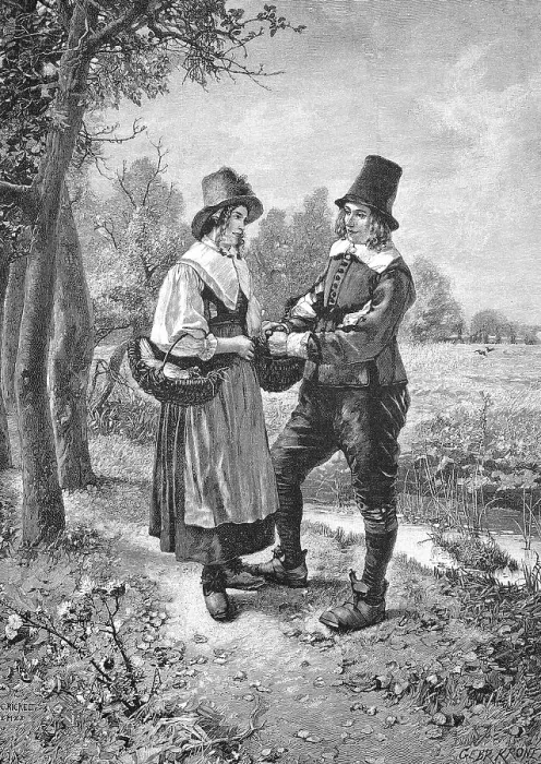 Framed Print : Desired Encounter, young man has met a young woman on the way to the market and they are talking