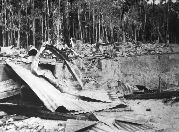Framed Print : A destroyed building after the riots between Hindus and Muslims in Noakhali East Bengal, November 1946, India, Asia