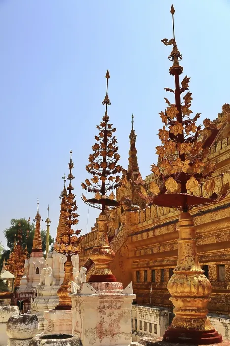 Framed Print : Detailed golden decorations of the temple under a clear sky in Nyaung-U