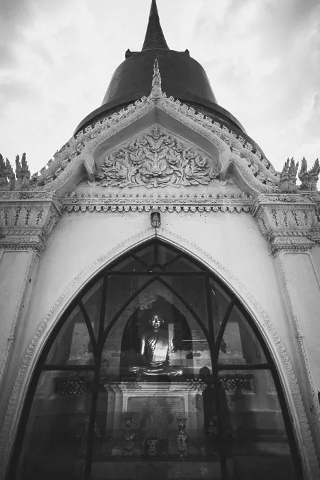 Framed Print : Detailed, majestic photograph of a stupa with ornate architectural details in black and white