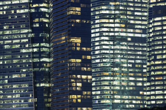 Framed Print : Detailed night windows pattern in modern city
