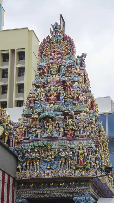 Framed Print : Detailed sculptures on a Hindu temple with rich colors