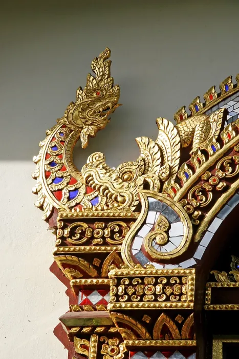 Framed Print : Details of door ornaments, Buddhist temple site Wat Chiang Man