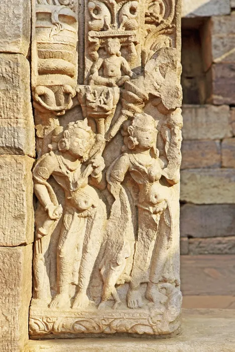 Framed Print : Details of stone carvings from temple 31 near stupa 5 built during 6th or 7th century
