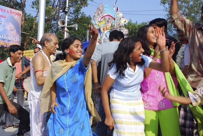 Framed Print : Devotees dancing on durga immersion