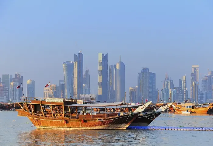 Framed Print : Dhows in front of the skyline of the West Bay area