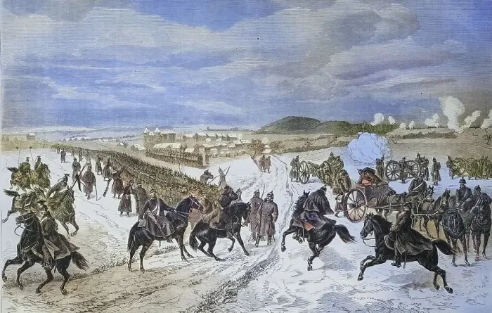 Framed Print : Die badischen truppen im Gefecht bei Montbeliard Framed Print : Die badischen truppen im Gefecht bei Montbeliard