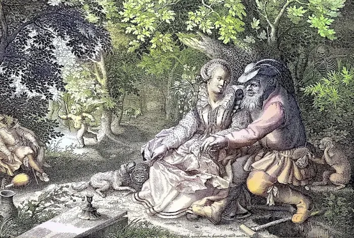 Framed Print : Die Torheiten der Liebe, hollaendische Satire auf den alten Mann