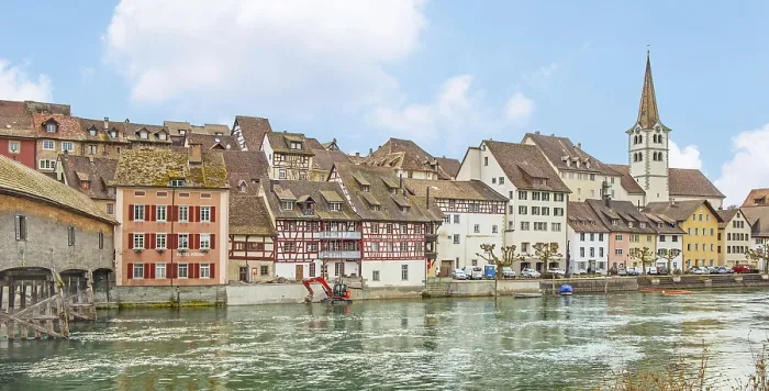 Framed Print : Diessenhofen with Rhine Bridge and St Framed Print : Diessenhofen with Rhine Bridge and St