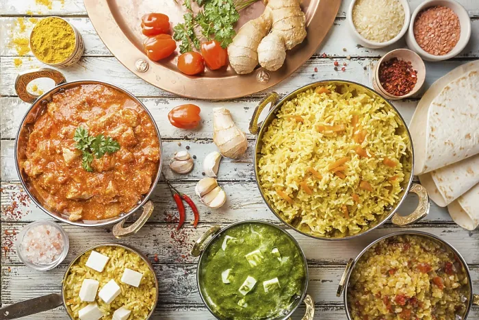 Framed Print : Different bowls with assorted indian food on white wooden background Framed Print : Different bowls with assorted indian food on white wooden background