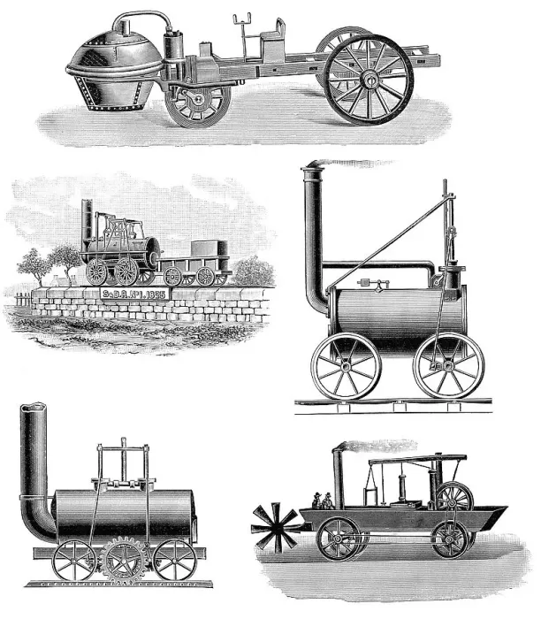 Framed Print : Different steam cars and steam locomotives
