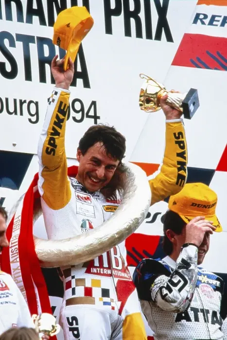 Framed Print : Dirk Raudies (DEU), Motorcycle World Championship, Honda 125 cc, podium ceremony, winner, Austrian GP, 22 May 1994