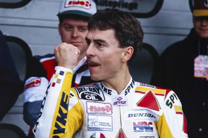 Framed Print : Dirk Raudies (DEU), winner's fist, Motorcycle World Championship, yellow Honda 125, winner of the German GP, Hockenheimring, 12 June 1994