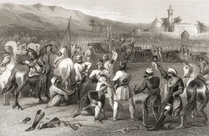 Framed Print : The disarming of cavalry of soldiers by the British units at Berhampur