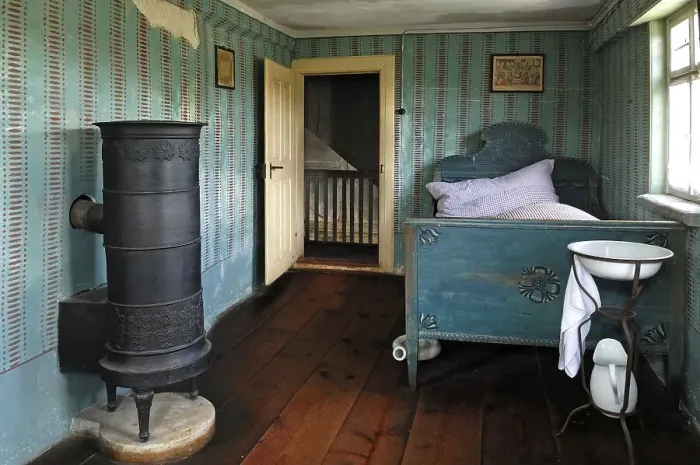 Framed Print : Discharge room with stove and bed 1911 Framed Print : Discharge room with stove and bed 1911