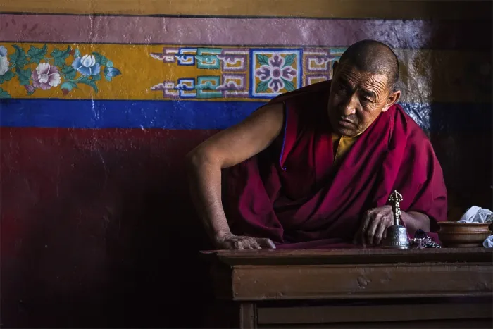 Framed Print : DISKIT, INDIA, SEPTEMBER 6: Tibetan Buddhist monk in Diskit gompa on September 6