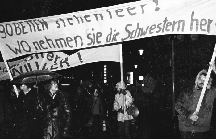 Framed Print : The dismissal of two nurses was protested by parts of the staff at Essen Hospital on 19 October 1973