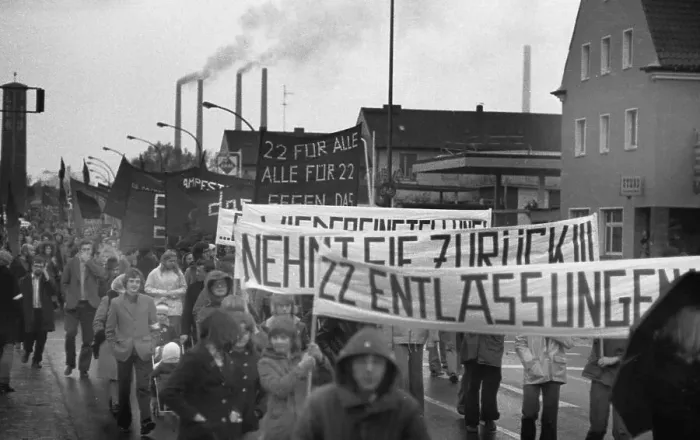 Framed Print : The dismissal of workers at the Mannesmann factory after a spontaneous strike not led by the union provoked protests by