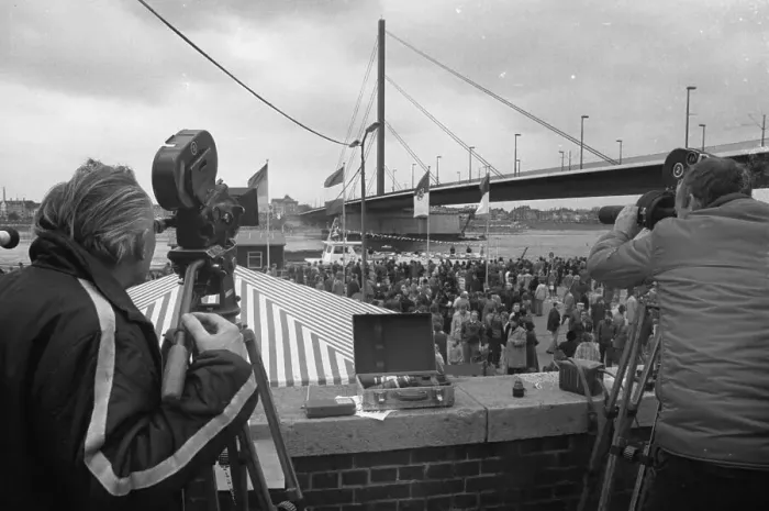 Framed Print : The displacement of a Rhine bridge turned into a public festival in Duesseldorf on 07 Framed Print : The displacement of a Rhine bridge turned into a public festival in Duesseldorf on 07