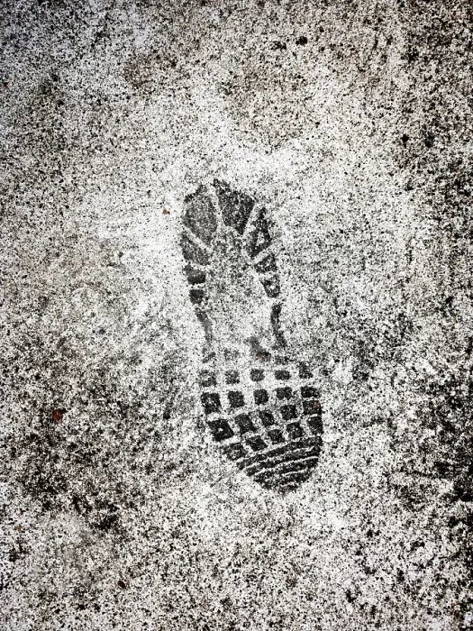 Framed Print : A distinct shoe print is marked on a wet surface