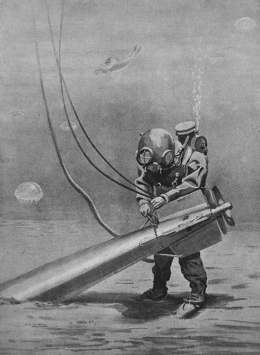 Framed Print : Diver tying up a torpedo stuck in the mud Framed Print : Diver tying up a torpedo stuck in the mud
