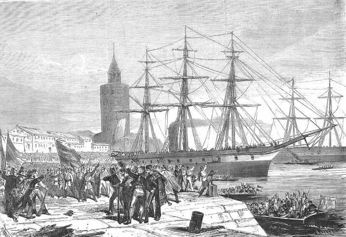 Framed Print : Docking of a ship and disembarkation of the crew