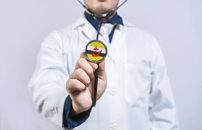 Framed Print : Doctor hands holding stethoscope with Brunei flag