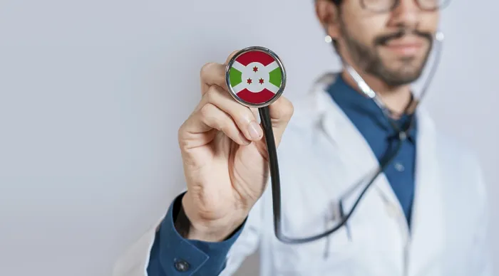 Framed Print : Doctor holding stethoscope with Burundi flag Framed Print : Doctor holding stethoscope with Burundi flag