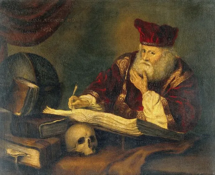 Framed Print : Doctor in his practice with textbooks and a skull